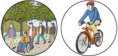 Grafik von wandernen Menschen und eines Radfahrers